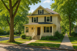 House on quiet street in spring